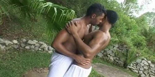 Muskulöser Schwarzer Mann fickt weißen Kerl hart im Garten